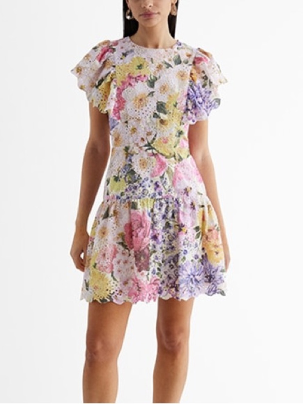 Express Floral Eyelet Flutter Sleeve Fit and Flare Mini Dress